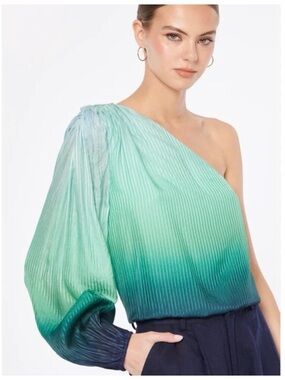 Cami NYC Lenore One-Shoulder Pleated Blouse in Turquoise Ombré.